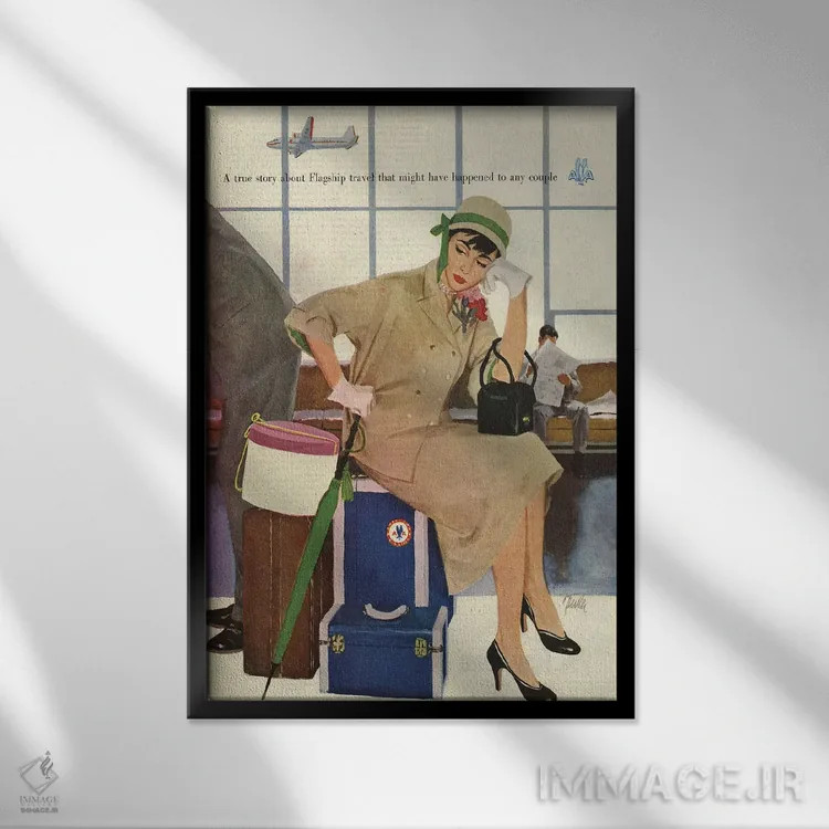 تابلو دکوراتیو آگهی شرکت هواپیمایی آمریکن ایرلاینز در مجله سال ۱۹۵۳ اثر آرشیو تبلیغات - نمای قابدار مشکی