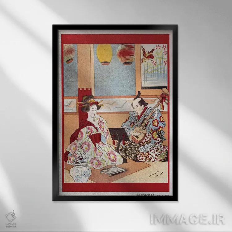 تابلو دکوراتیو تصویر برگرفته از مجله موسیقی ژاپنی سال ۱۸۹۸ اثر آرشیو تبلیغات - نمای قابدار مشکی