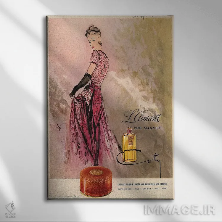 تابلو دکوراتیو آگهی عطر کوتی دهه ۱۹۴۰ اثر کارل اریکسون - نمای روبهرو روی دیوار