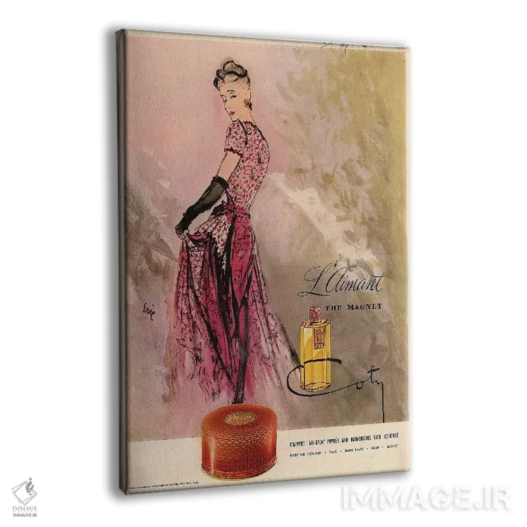 تابلو دکوراتیو آگهی عطر کوتی دهه ۱۹۴۰ اثر کارل اریکسون - نمای پرسپکتیو محصول