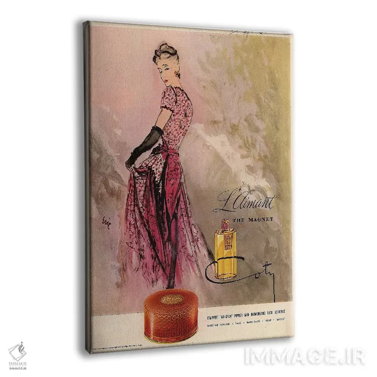 تابلو دکوراتیو آگهی عطر کوتی دهه ۱۹۴۰ اثر کارل اریکسون - نمای پرسپکتیو محصول