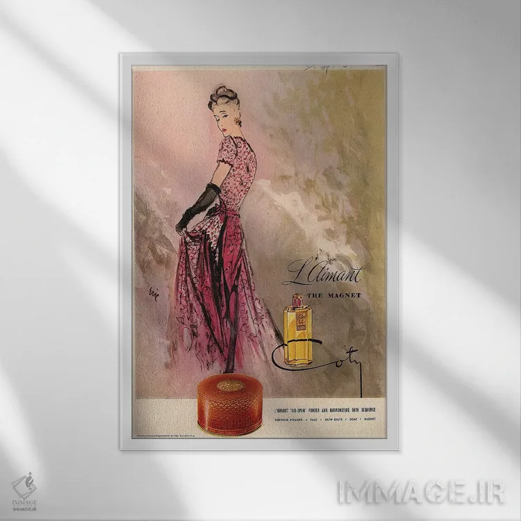 تابلو دکوراتیو آگهی عطر کوتی دهه ۱۹۴۰ اثر کارل اریکسون - نمای قابدار سفید