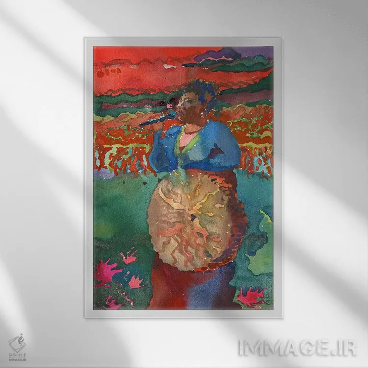 تابلو انتزاعی نوازنده نمایش عروسکی آبی اثر تانبلیا - نمای قابدار سفید