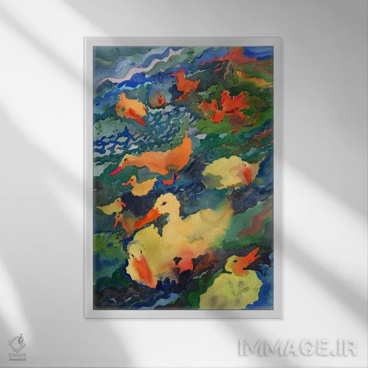 تابلو انتزاعی اردک ها در نین بین اثر تانبلیا - نمای قابدار سفید