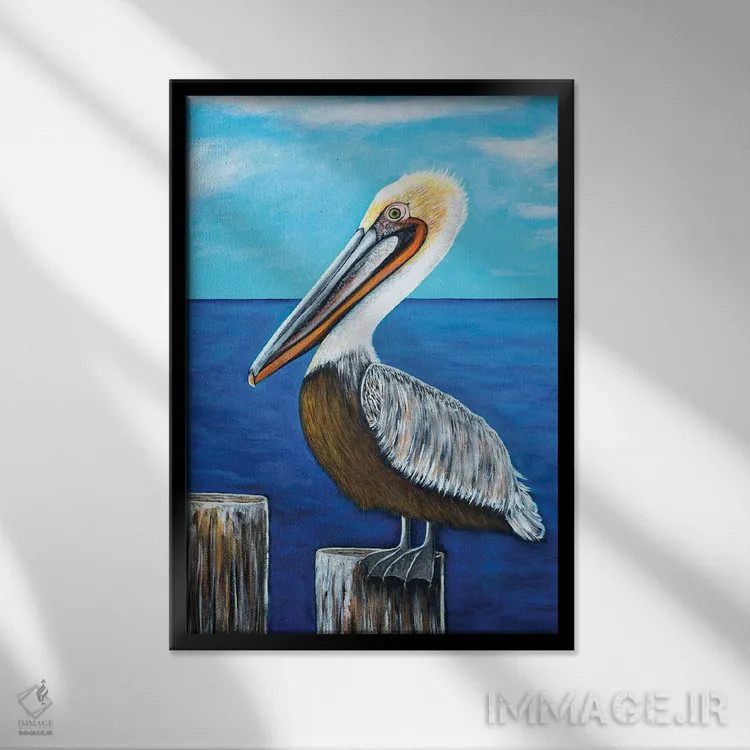 تابلو دکوراتیو پلیکان قهوه ای اثر تیل بیولر - نمای قابدار مشکی