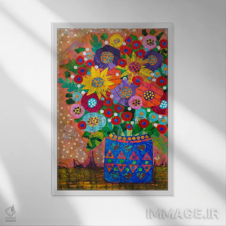 تابلو دکوراتیو دسته گل بهاری اثر تیل بیولر - نمای قابدار سفید