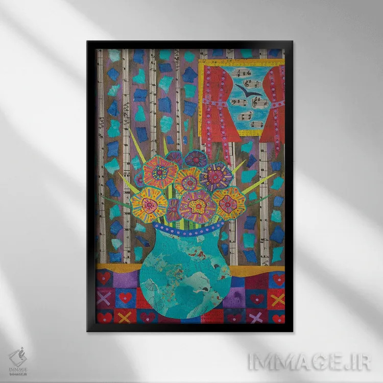 تابلو دکوراتیو دسته گل شادی اثر تیل بیولر - نمای قابدار مشکی
