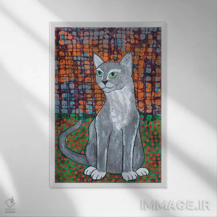 تابلو دکوراتیو گربه خوشحال اثر تیل بیولر - نمای قابدار سفید