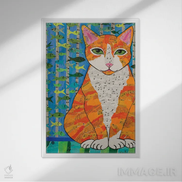 تابلو دکوراتیو گربه مارمالادی اثر تیل بیولر - نمای قابدار سفید