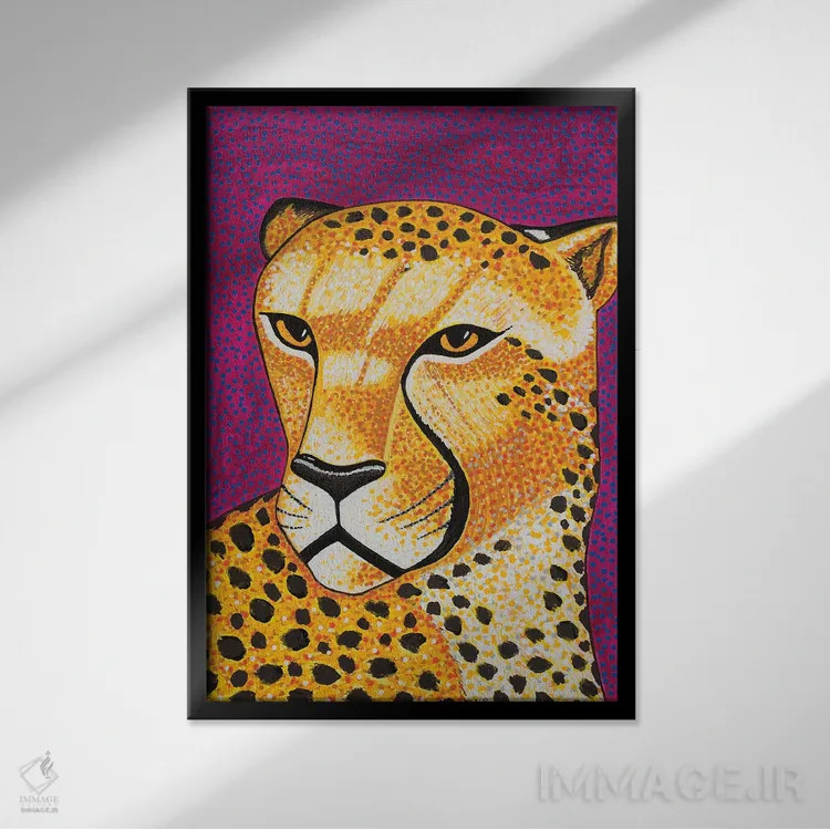 تابلو دکوراتیو یوزپلنگ بنفش اثر تیل بیولر - نمای قابدار مشکی