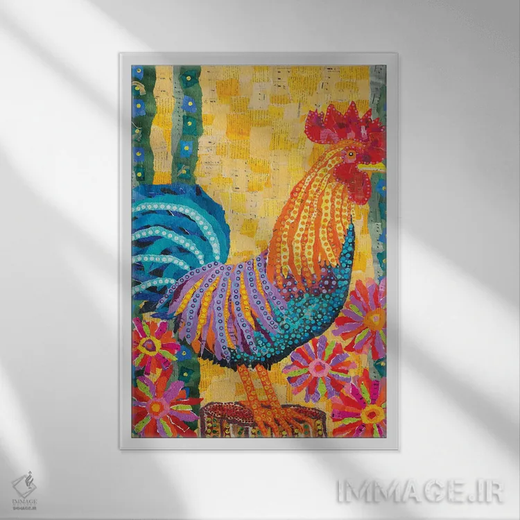 تابلو دکوراتیو خروس میان گل ها اثر تیل بیولر - نمای قابدار سفید