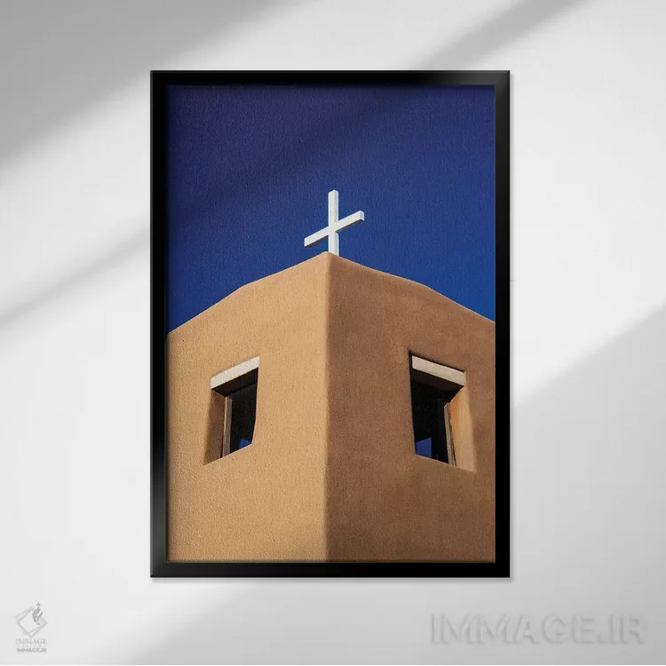 تابلو دکوراتیو New Mexico, Exterior facade of Sacred Heart Church in Nambe Ne… اثر تری اگرز - نمای قابدار مشکی