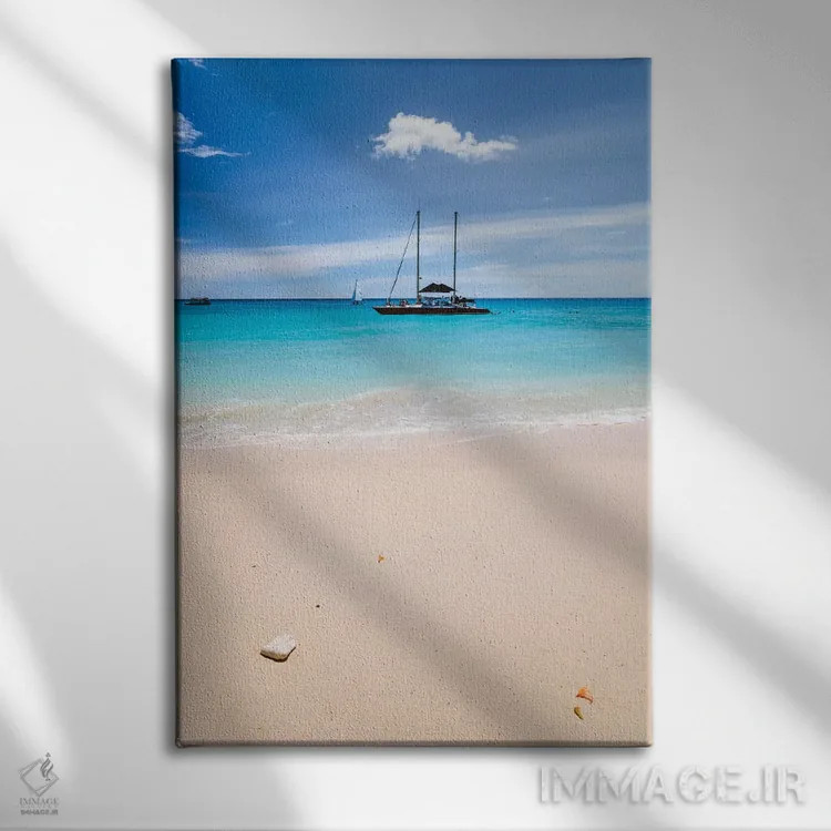 تابلو دکوراتیو Barbados, Lesser Antilles,قایق تفریحی لنگر انداخته در ساح… اثر ماتئو کولومبو - نمای روبهرو روی دیوار