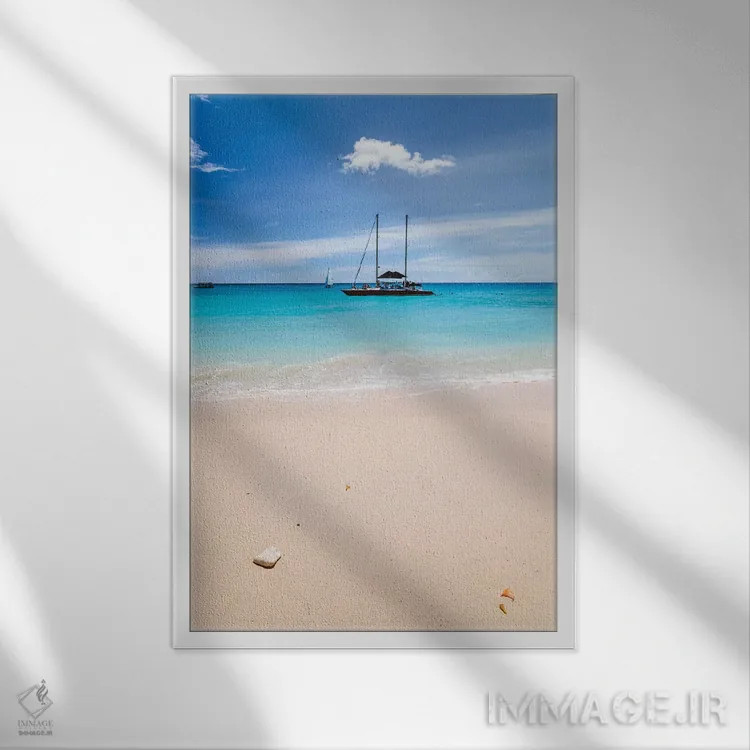 تابلو دکوراتیو Barbados, Lesser Antilles,قایق تفریحی لنگر انداخته در ساح… اثر ماتئو کولومبو - نمای قابدار سفید