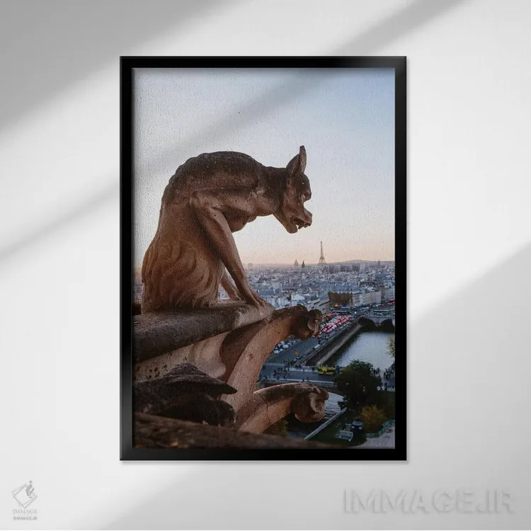 تابلو دکوراتیو Paris,گارگویل روی کلیسای نوتردام، پاریس اثر ماتئو کولومبو - نمای قابدار مشکی