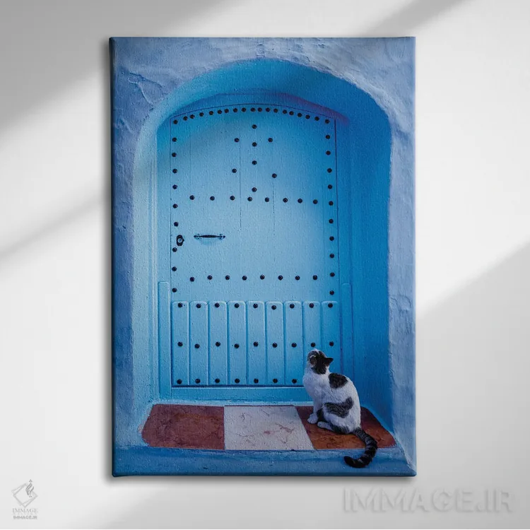 تابلو دکوراتیو Morocco,گربه و در آبی، مراکش اثر ماتئو کولومبو - نمای روبهرو روی دیوار