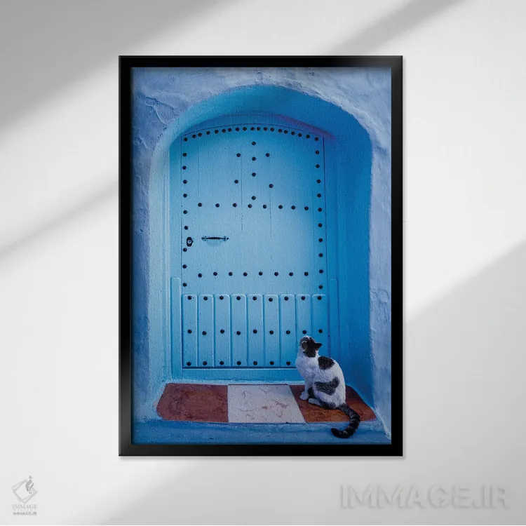 تابلو دکوراتیو Morocco,گربه و در آبی، مراکش اثر ماتئو کولومبو - نمای قابدار مشکی