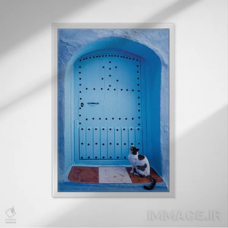 تابلو دکوراتیو Morocco,گربه و در آبی، مراکش اثر ماتئو کولومبو - نمای قابدار سفید