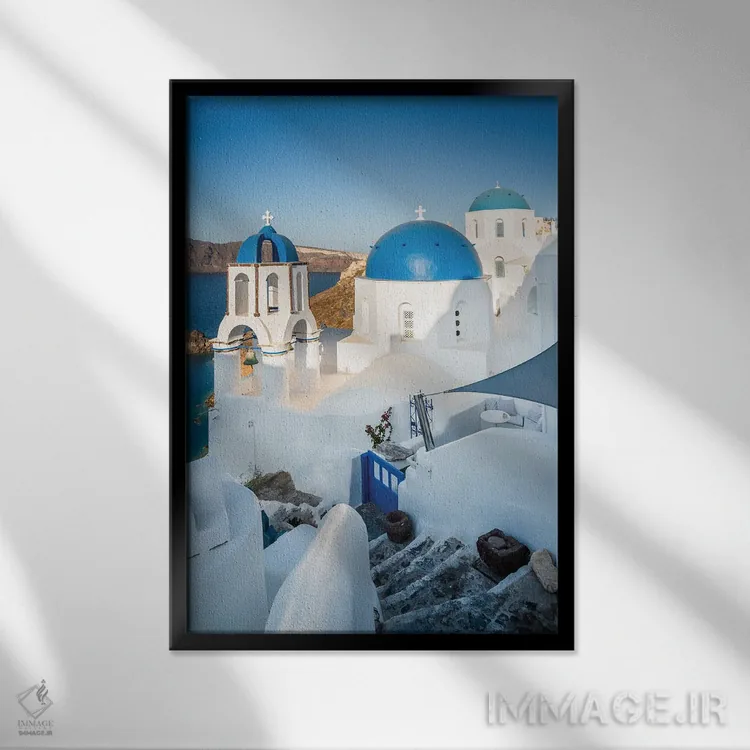 تابلو دکوراتیو Santorini,کلیسای نماباور آبی، سانتورینی اثر ماتئو کولومبو - نمای قابدار مشکی