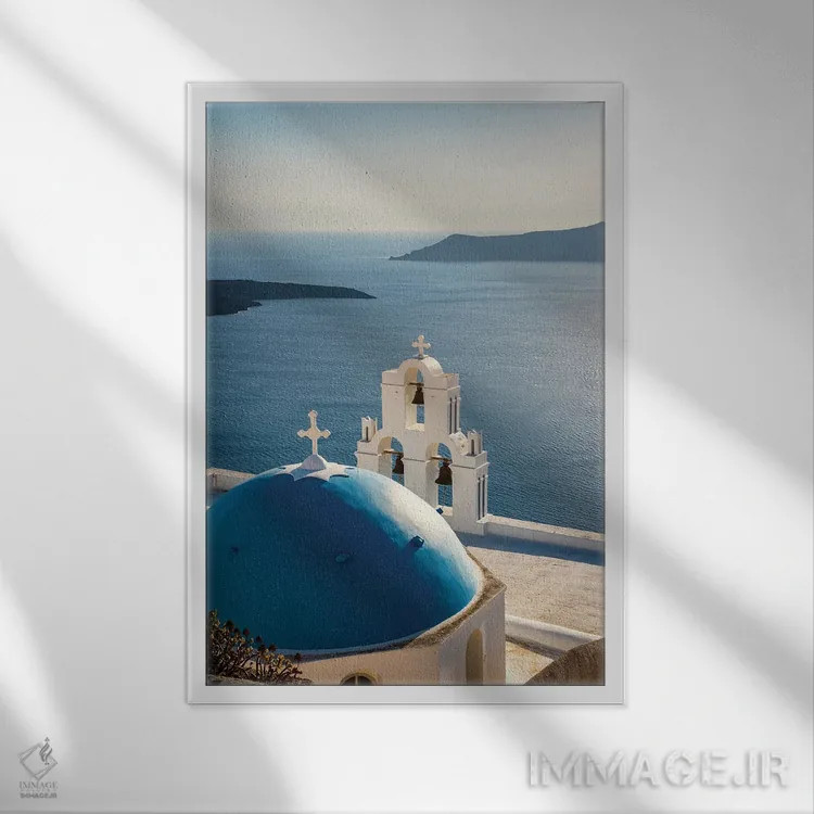 تابلو دکوراتیو Santorini,کلیسا و دریای آبی، سانتورینی اثر ماتئو کولومبو - نمای قابدار سفید