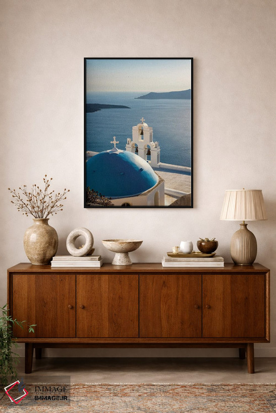 تابلو دکوراتیو Santorini,کلیسا و دریای آبی، سانتورینی اثر ماتئو کولومبو - D2B