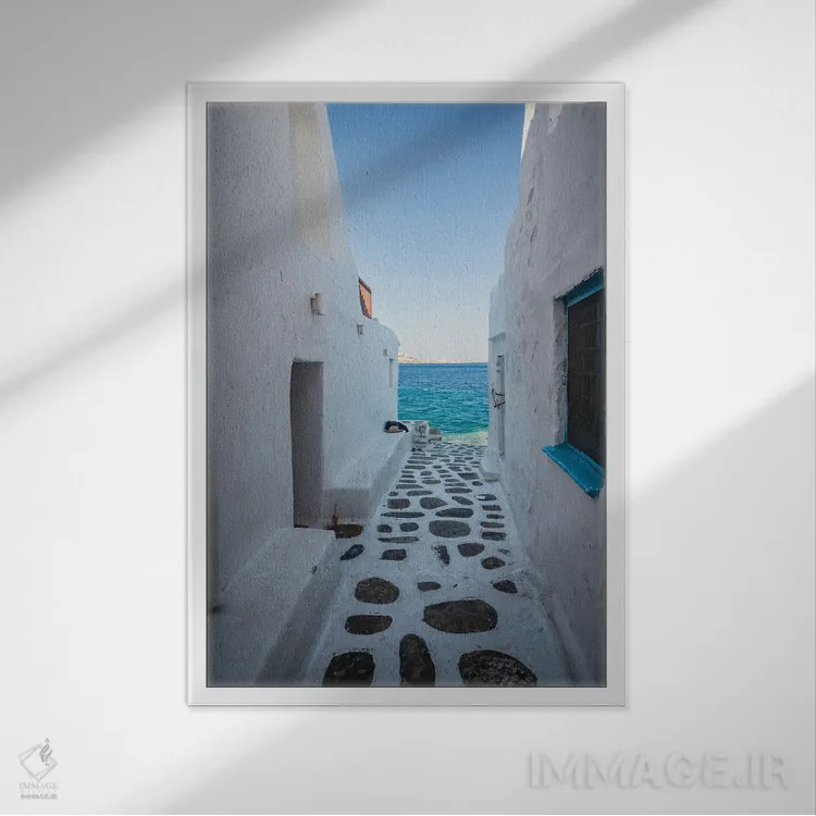 تابلو دکوراتیو Mykonos, Greece,مسیر به سمت دریا، میکونوس، یونان اثر ماتئو کولومبو - نمای قابدار سفید
