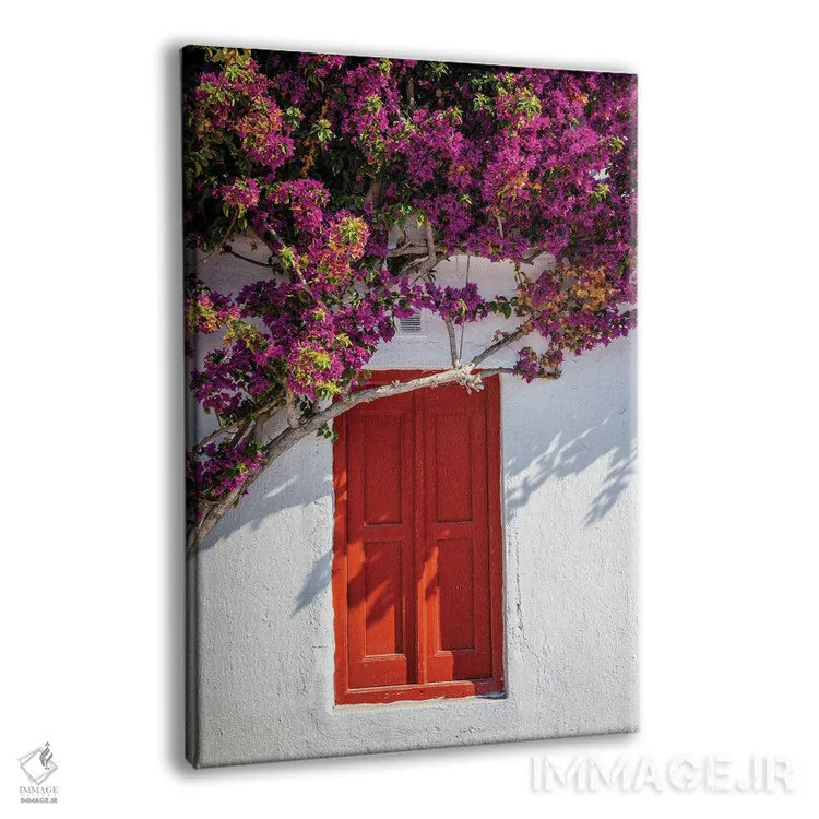تابلو دکوراتیو Mykonos, Greece,در قرمز با گل ها، میکونوس، یونان اثر ماتئو کولومبو - نمای پرسپکتیو محصول