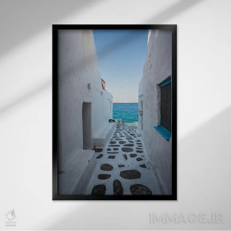تابلو دکوراتیو Mykonos, Greece,مسیر به سمت دریا، میکونوس، یونان اثر ماتئو کولومبو - نمای قابدار مشکی