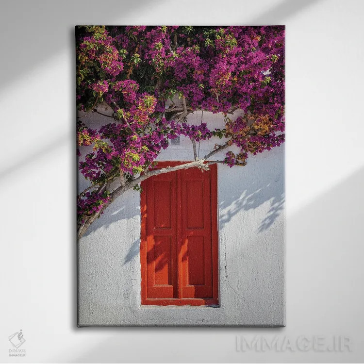 تابلو دکوراتیو Mykonos, Greece,در قرمز با گل ها، میکونوس، یونان اثر ماتئو کولومبو - نمای روبهرو روی دیوار