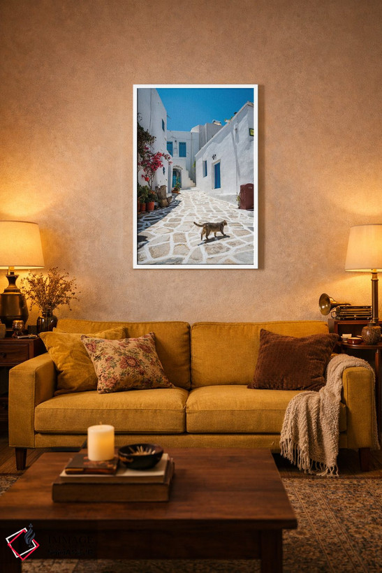 تابلو دکوراتیو Paros, Greece,گربه ای در حال قدم زدن در شهر سفید، پاروس… اثر ماتئو کولومبو - D1W