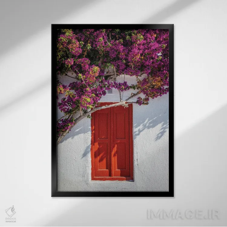 تابلو دکوراتیو Mykonos, Greece,در قرمز با گل ها، میکونوس، یونان اثر ماتئو کولومبو - نمای قابدار مشکی