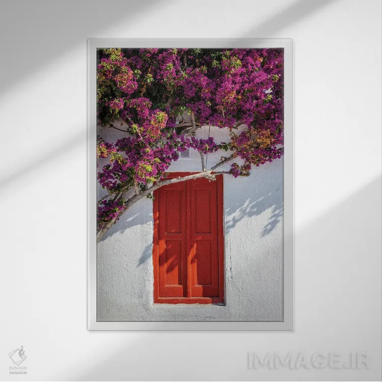 تابلو دکوراتیو Mykonos, Greece,در قرمز با گل ها، میکونوس، یونان اثر ماتئو کولومبو - نمای قابدار سفید