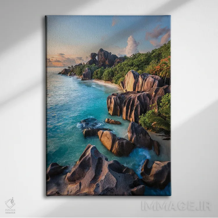 تابلو دکوراتیو La Digue, Seychelles II,غروب در جزیره گرمسیری، لا دیگو، س… اثر ماتئو کولومبو - نمای روبهرو روی دیوار