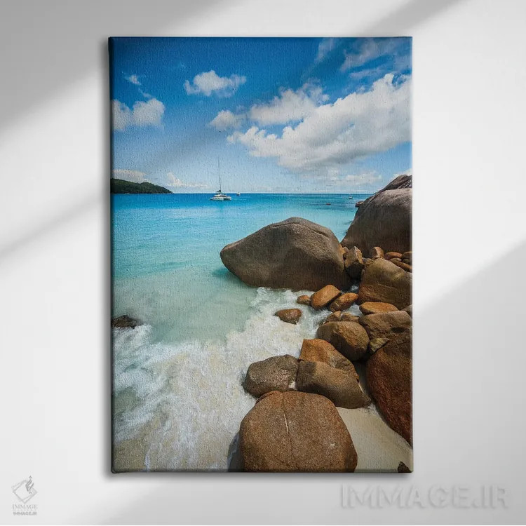 تابلو دکوراتیو Praslin Island, Seychelles,قایق بادبانی در اقیانوس آبی، ج… اثر ماتئو کولومبو - نمای روبهرو روی دیوار