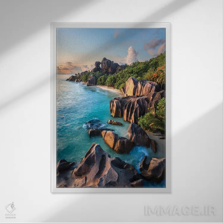 تابلو دکوراتیو La Digue, Seychelles II,غروب در جزیره گرمسیری، لا دیگو، س… اثر ماتئو کولومبو - نمای قابدار سفید