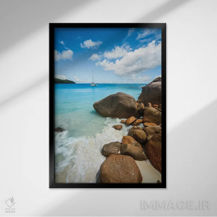 تابلو دکوراتیو Praslin Island, Seychelles,قایق بادبانی در اقیانوس آبی، ج… اثر ماتئو کولومبو - نمای قابدار مشکی