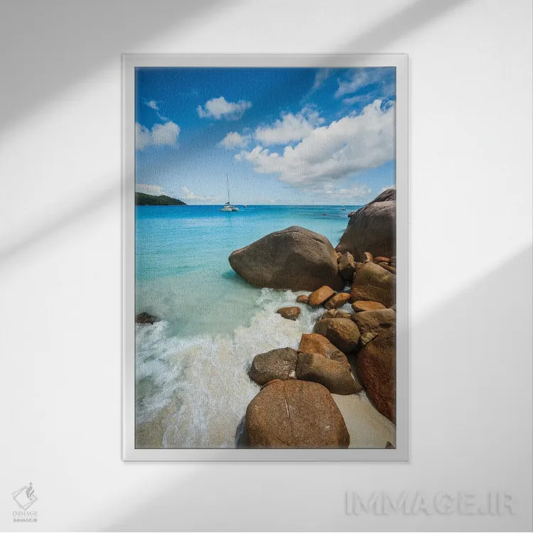 تابلو دکوراتیو Praslin Island, Seychelles,قایق بادبانی در اقیانوس آبی، ج… اثر ماتئو کولومبو - نمای قابدار سفید