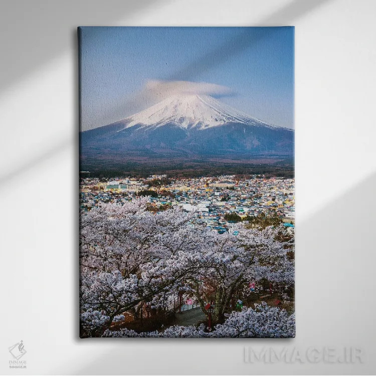 تابلو دکوراتیو Japan,طلوع آفتاب بر فراز کوه فوجی و درختان گیلاس، ژاپن اثر ماتئو کولومبو - نمای روبهرو روی دیوار
