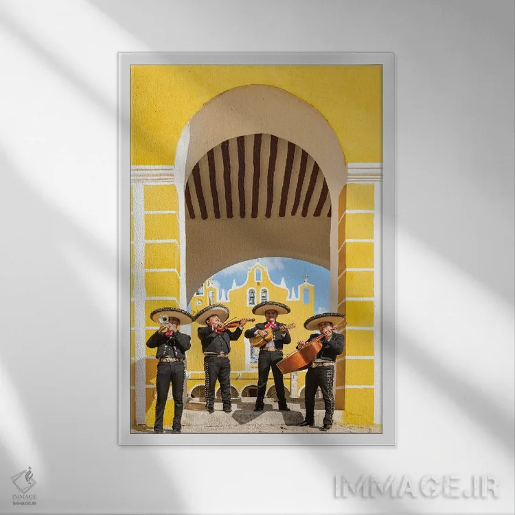 تابلو دکوراتیو Yucatan, Mexico,چهار ماریاچی با سازها، یوکاتان، مکزیک اثر ماتئو کولومبو - نمای قابدار سفید