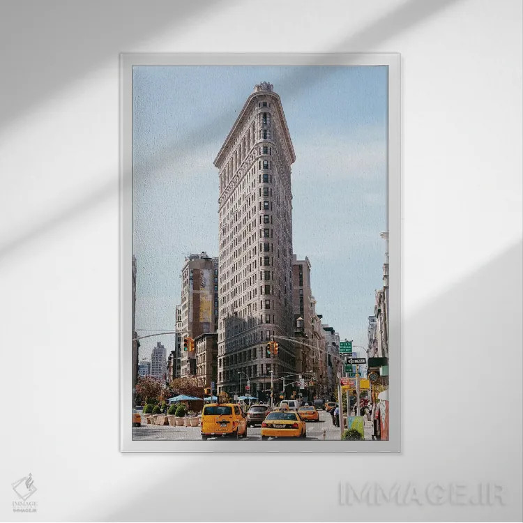 تابلو دکوراتیو New York City,تاکسی های زرد و ساختمان فلت آیرون، نیویورک اثر ماتئو کولومبو - نمای قابدار سفید