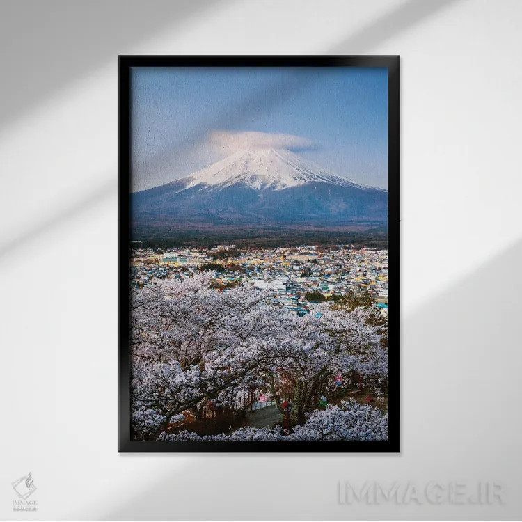 تابلو دکوراتیو Japan,طلوع آفتاب بر فراز کوه فوجی و درختان گیلاس، ژاپن اثر ماتئو کولومبو - نمای قابدار مشکی