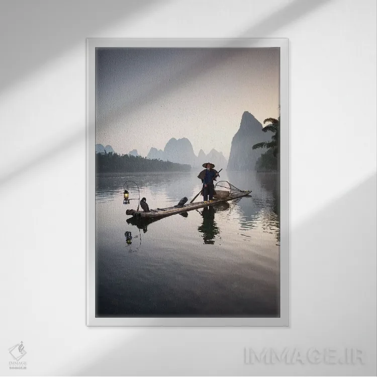 تابلو دکوراتیو Guilin, China,ماهیگیر با پرنده غواص، گویلین، چین اثر ماتئو کولومبو - نمای قابدار سفید