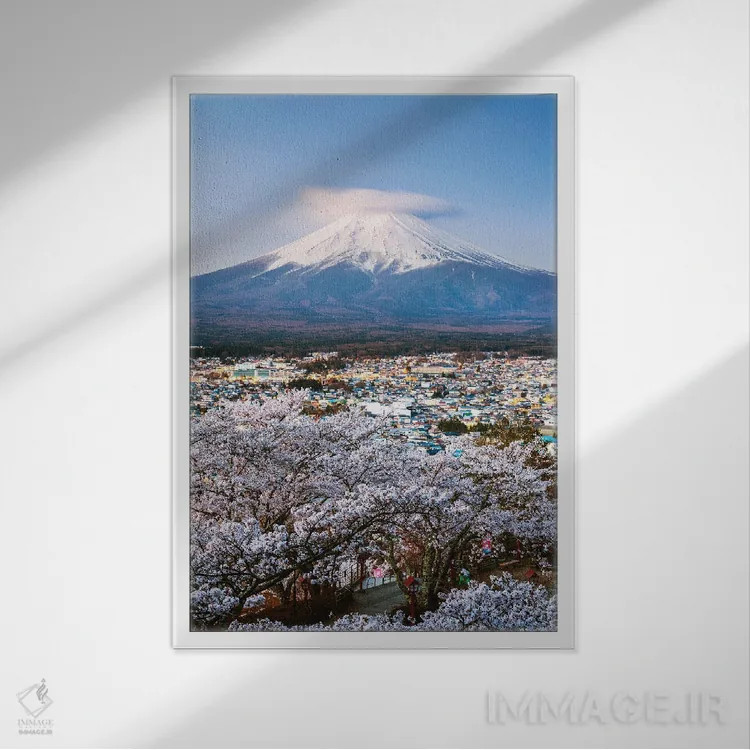 تابلو دکوراتیو Japan,طلوع آفتاب بر فراز کوه فوجی و درختان گیلاس، ژاپن اثر ماتئو کولومبو - نمای قابدار سفید