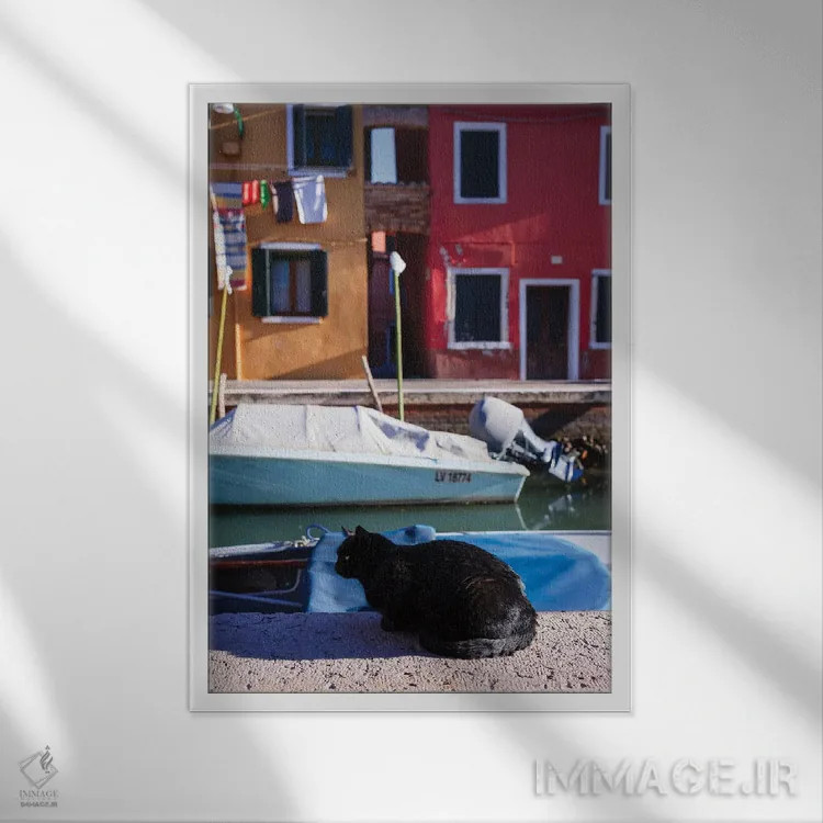 تابلو دکوراتیو Burano Island, Venice, Italy,گربه سیاه کنار کانال، جزیره… اثر ماتئو کولومبو - نمای قابدار سفید