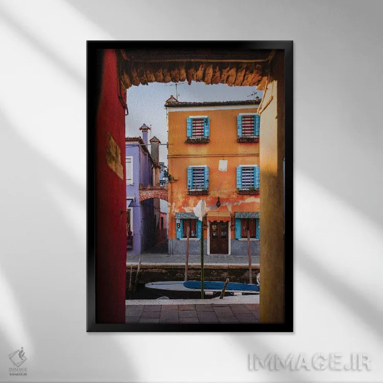 تابلو دکوراتیو Burano, Venice, Italy,غروب آفتاب بر فراز خانه نارنجی، بور… اثر ماتئو کولومبو - نمای قابدار مشکی