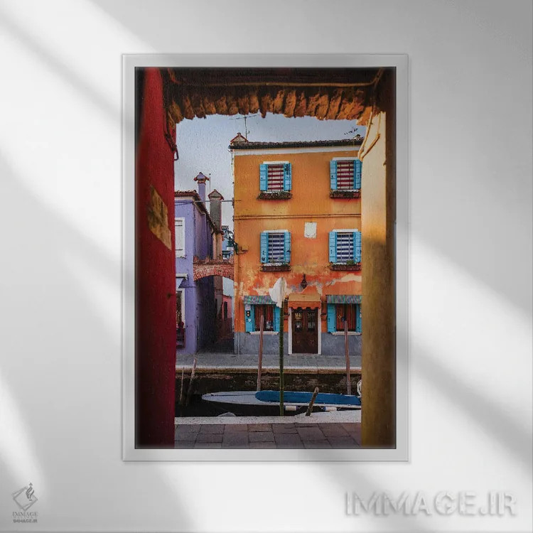 تابلو دکوراتیو Burano, Venice, Italy,غروب آفتاب بر فراز خانه نارنجی، بور… اثر ماتئو کولومبو - نمای قابدار سفید