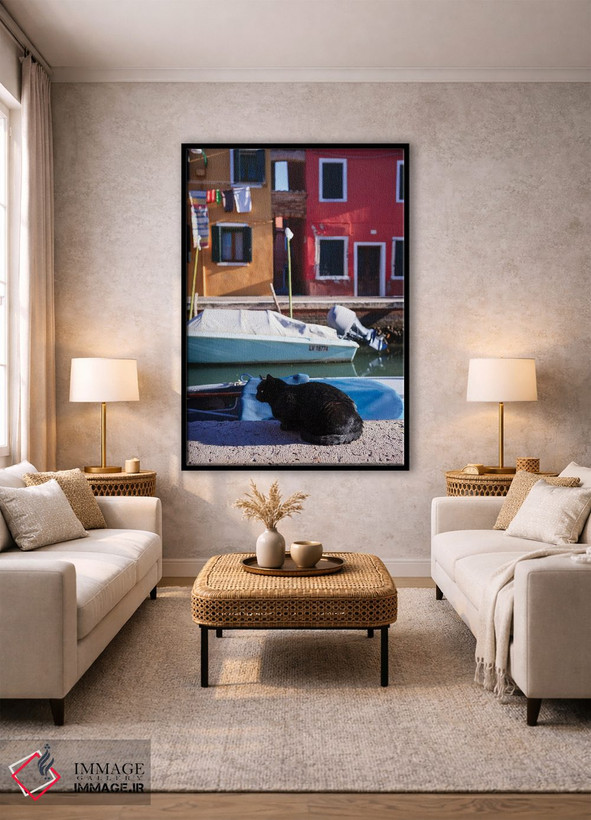 تابلو دکوراتیو Burano Island, Venice, Italy,گربه سیاه کنار کانال، جزیره… اثر ماتئو کولومبو - D1B