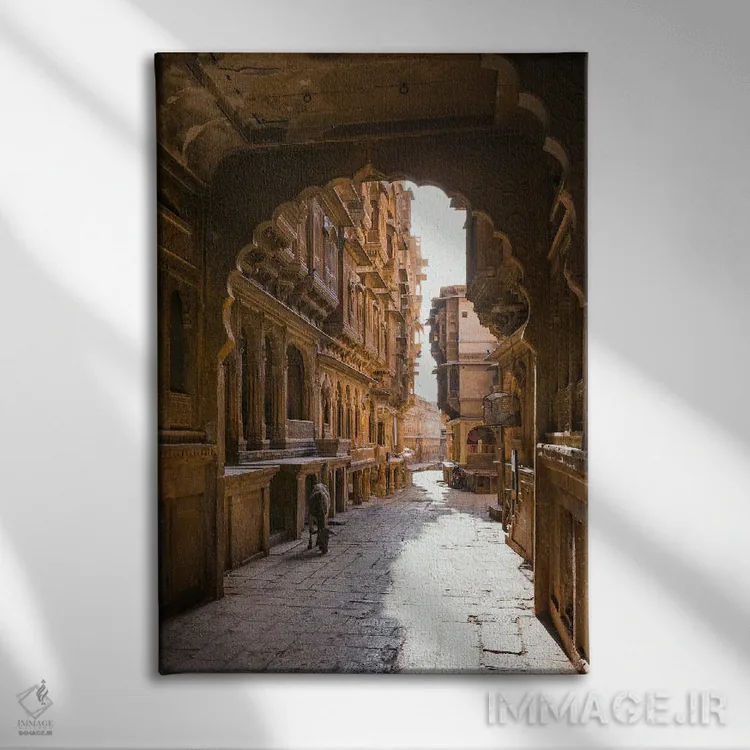 تابلو دکوراتیو Jaisalmer, India,گاو سرگردان در شهر قدیمی، جایسالمر، هند اثر ماتئو کولومبو - نمای روبهرو روی دیوار