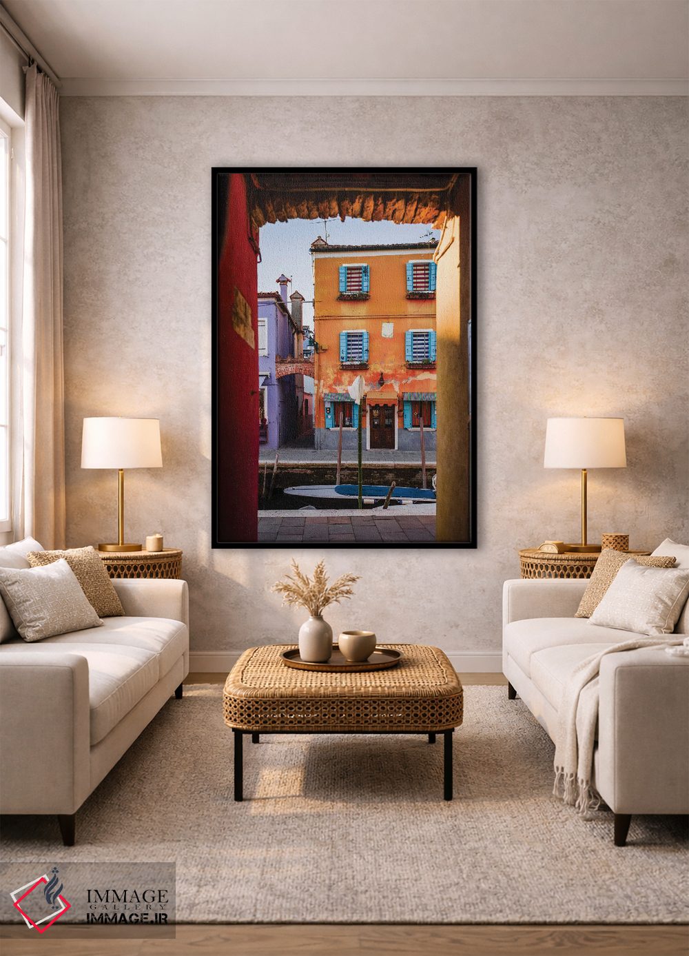تابلو دکوراتیو Burano, Venice, Italy,غروب آفتاب بر فراز خانه نارنجی، بور… اثر ماتئو کولومبو - D1B