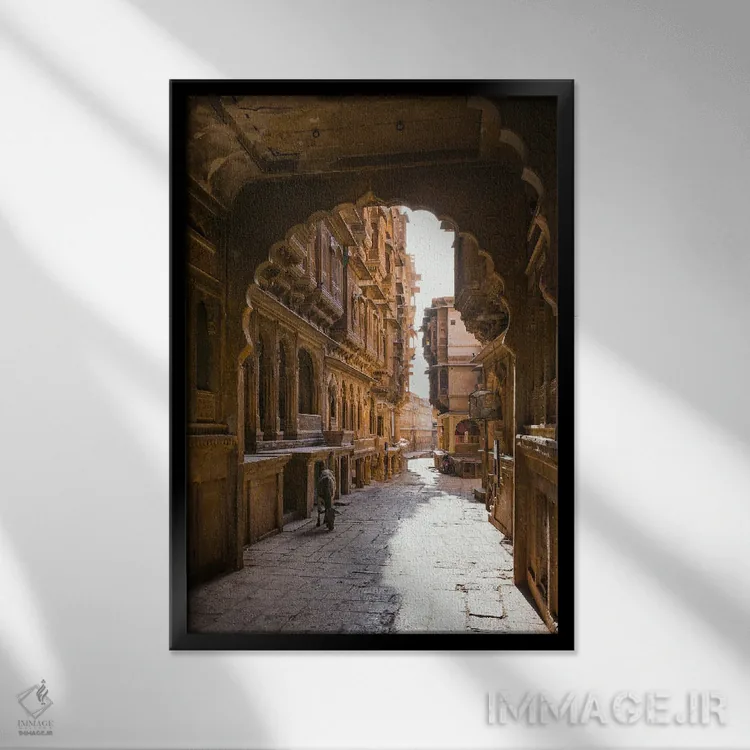 تابلو دکوراتیو Jaisalmer, India,گاو سرگردان در شهر قدیمی، جایسالمر، هند اثر ماتئو کولومبو - نمای قابدار مشکی